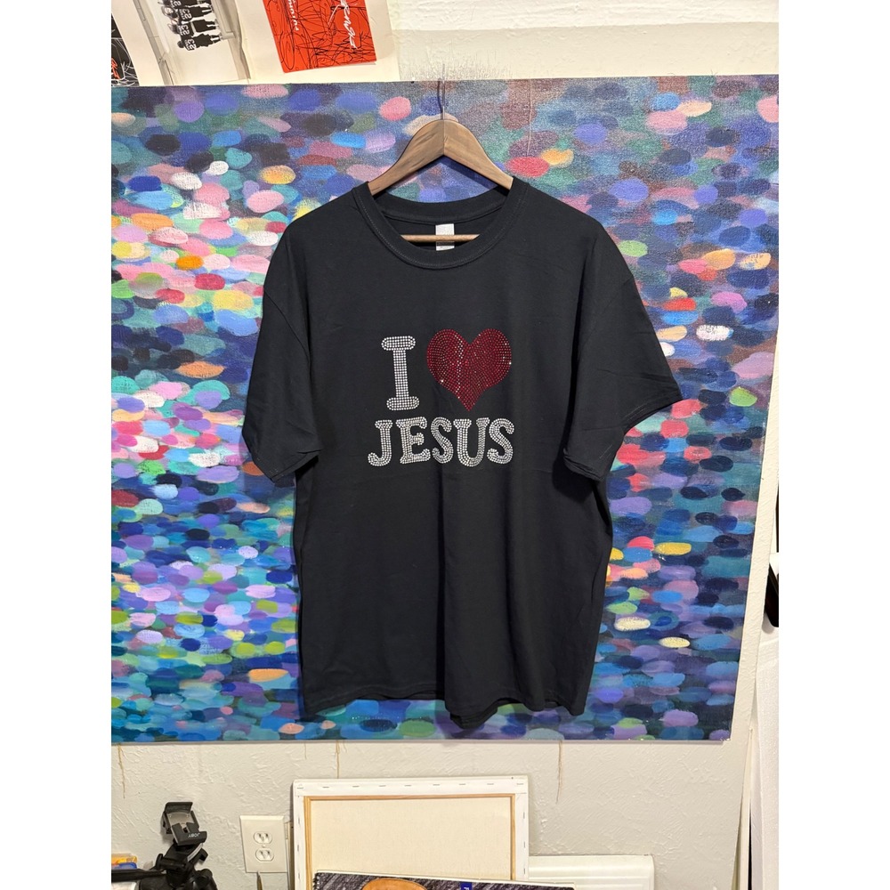 Gildan I Heart Jesus Rhinestone Graphic T-Shirt Mens XL Black Short Sleeve Tee
